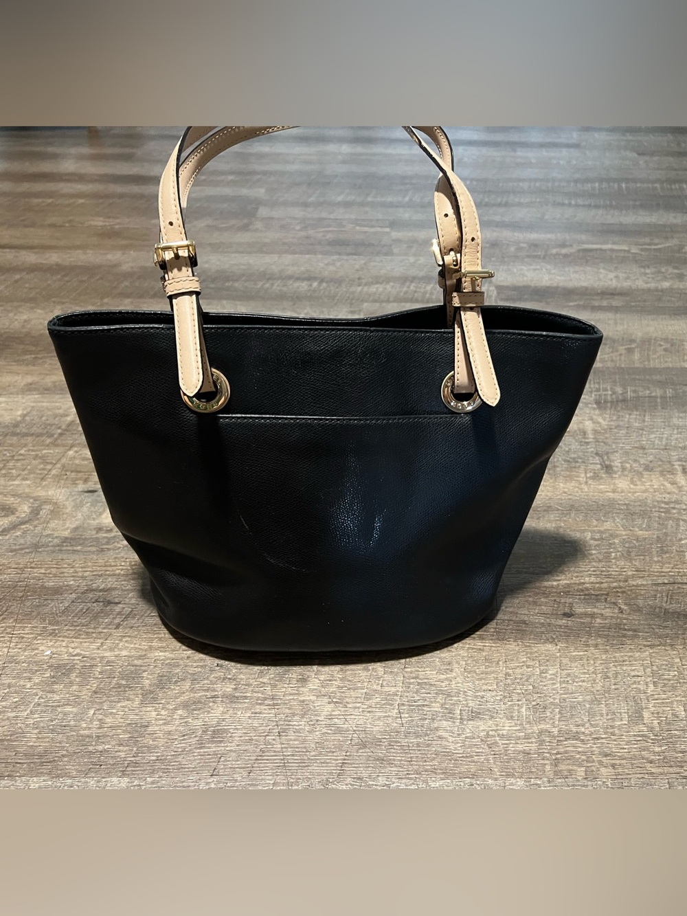Michael Kors Jet Set Black Leather Tote Bag with Beige Adjustable Straps